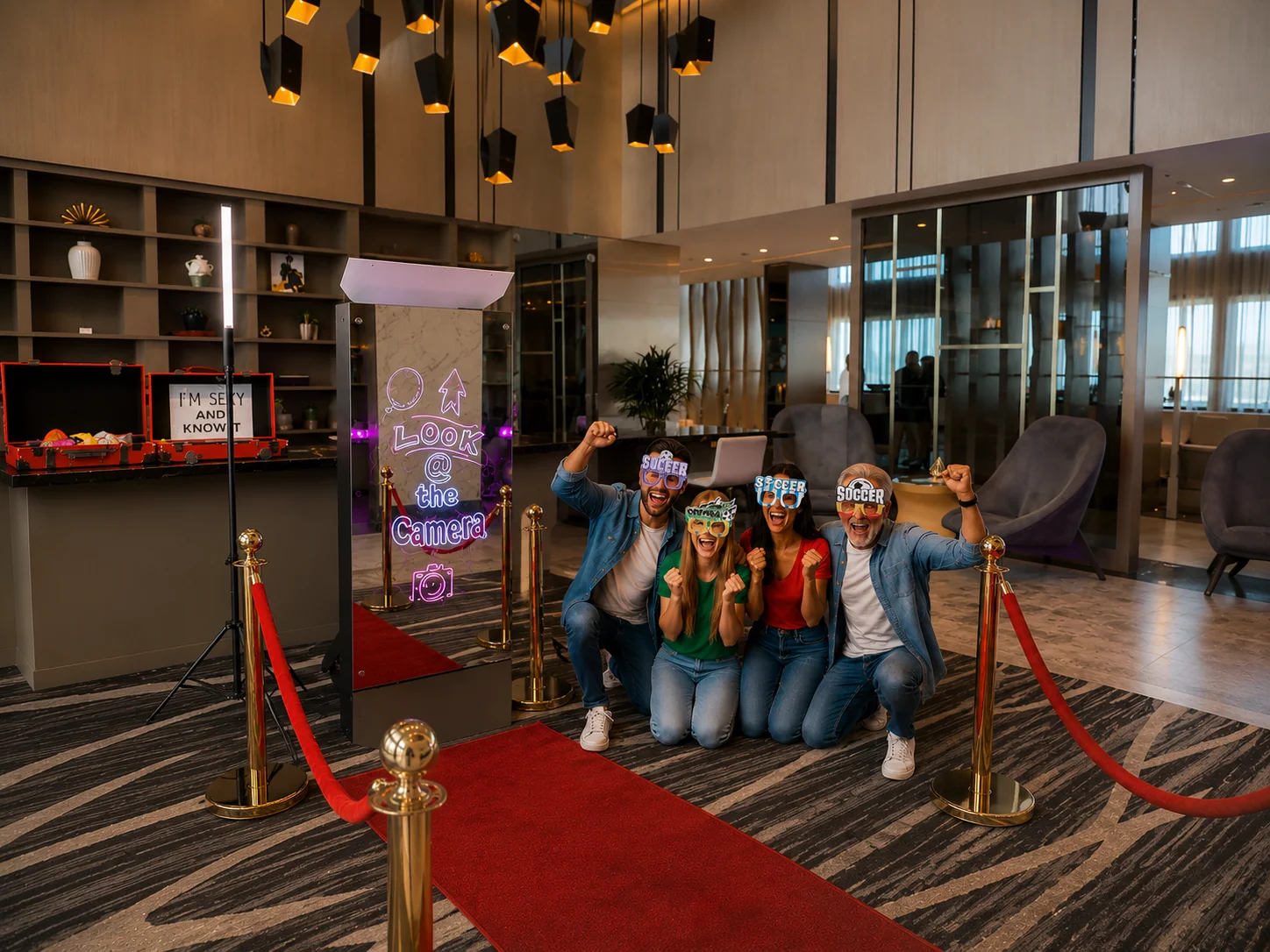 A group posing in front of a mirror booth and holding fun photo props